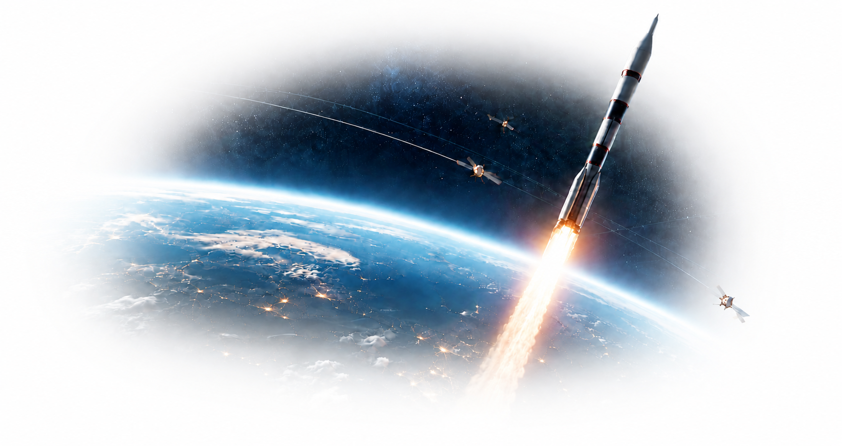 Rakete startet über der Erde als Metapher für Sales-Systeme, die mit hoher Anfangsenergie in einen stabilen Orbit gebracht werden.