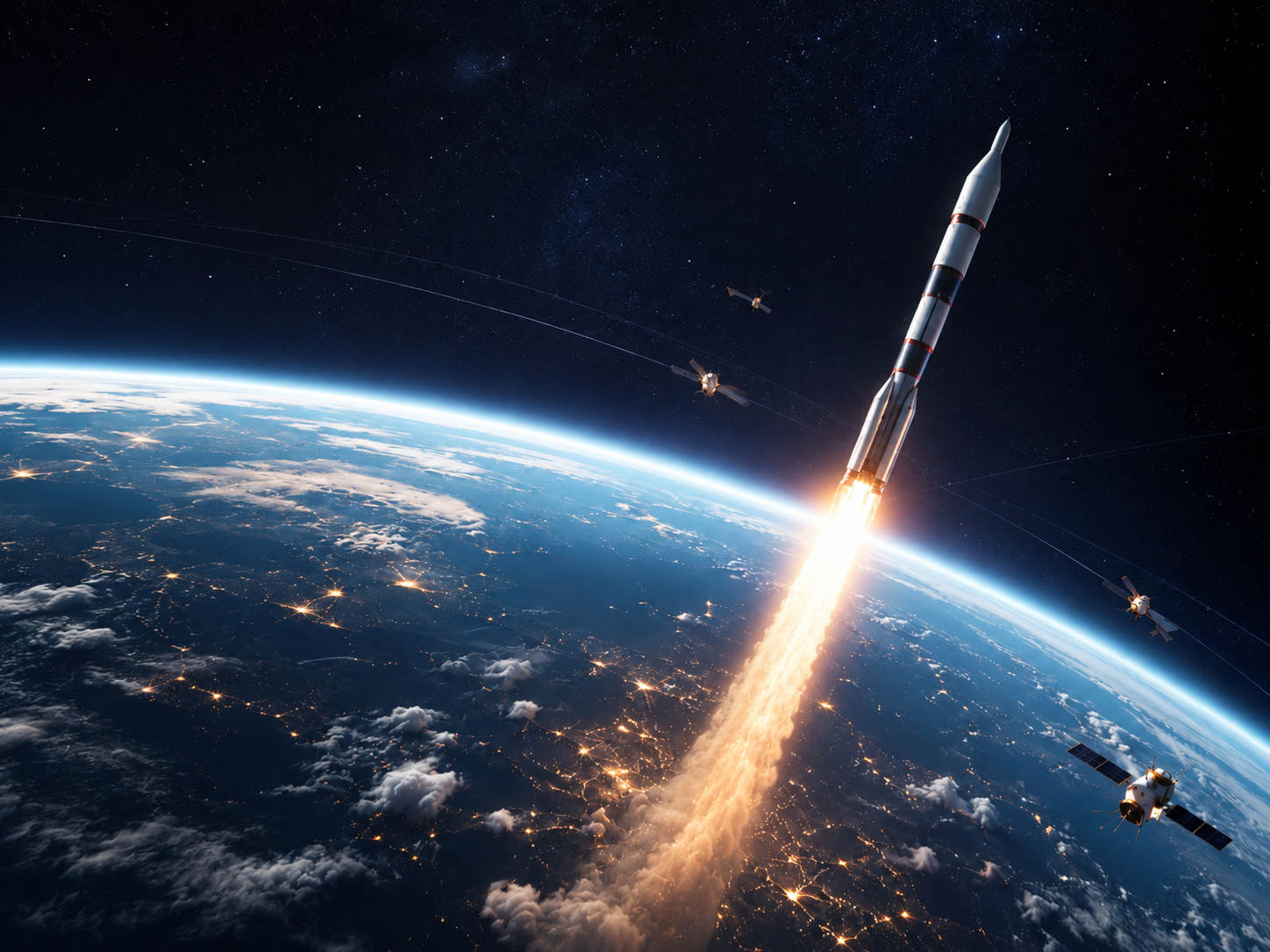 Rakete startet über der Erde als Metapher für Sales-Systeme, die mit hoher Anfangsenergie in einen stabilen Orbit gebracht werden.